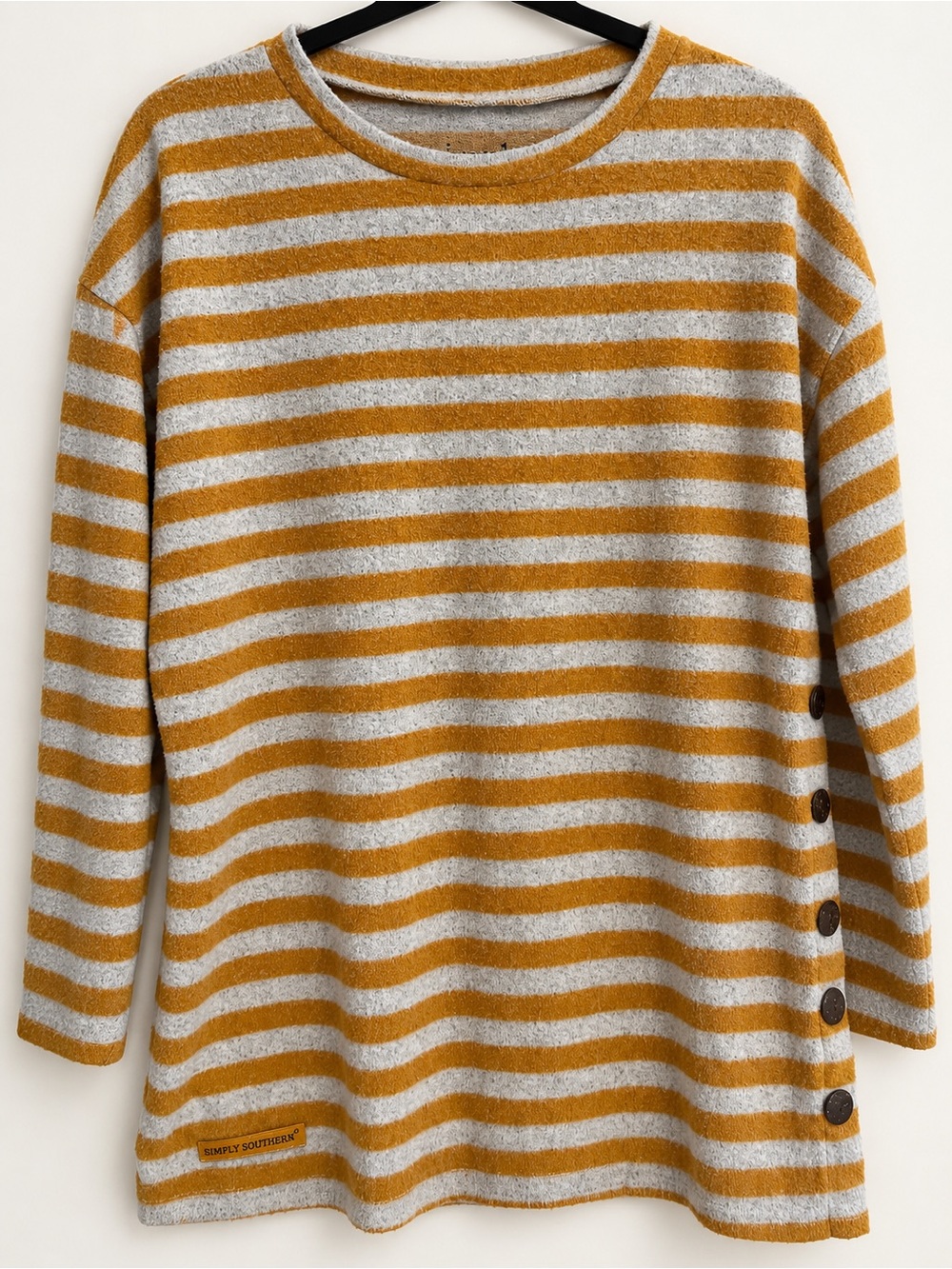 Simply Southern Mustard Gray Striped Side Button Sweater Small